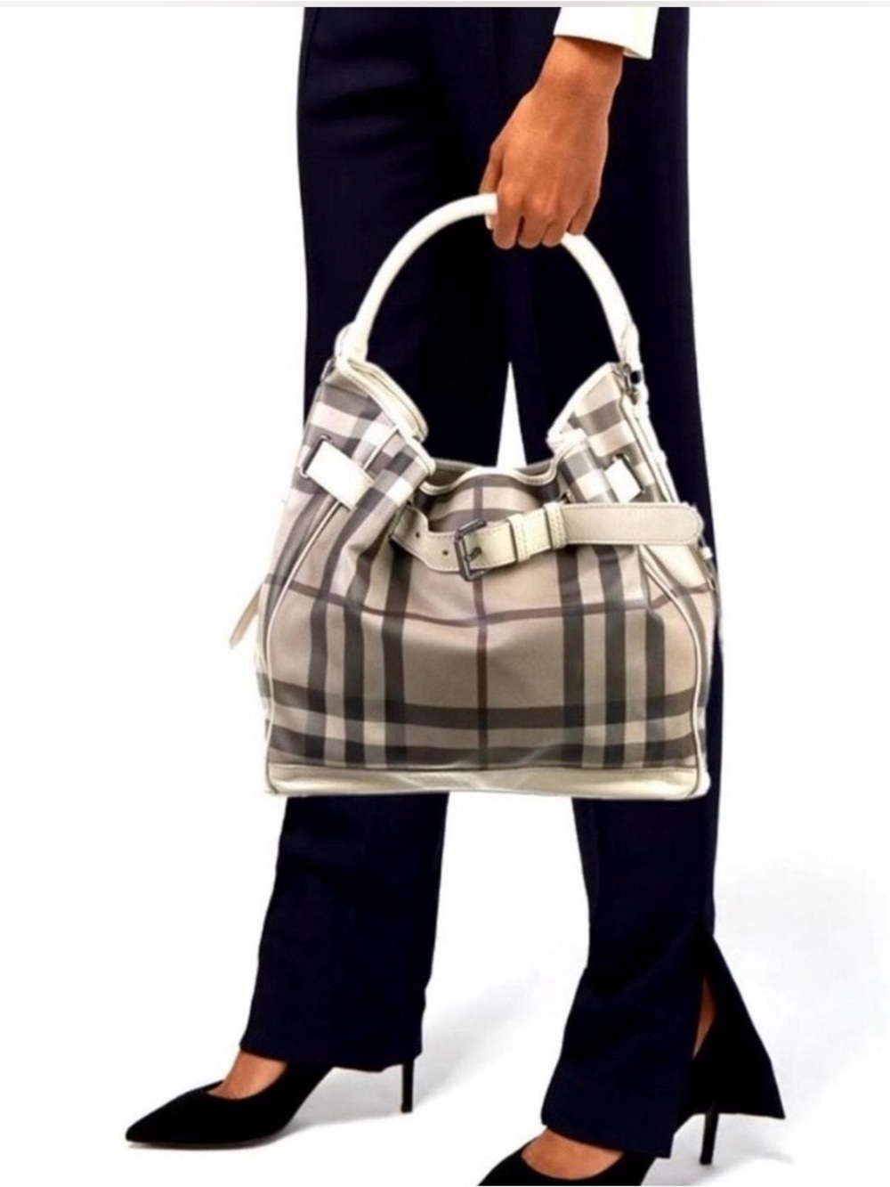 Authentic Burberry Plaid Leather-Trim Shoulder Bag in Gray and Cream